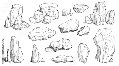 Hand drawn rocks. Gravel stones and boulders sketch. Architectural outline Drawings Pebble piles. Heavy cobblestones and granite rubble. Vector black and white doodle nature elements set