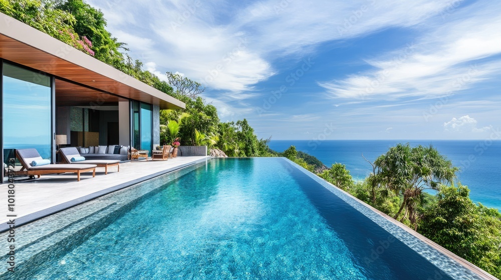 Fototapeta premium Luxurious tropical villa with a serene pool and stunning ocean backdrop, no people. Space for copy above