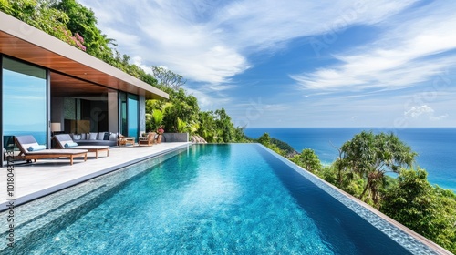 Luxurious tropical villa with a serene pool and stunning ocean backdrop, no people. Space for copy above