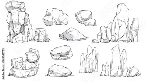 Hand drawn rocks. Gravel stones and boulders sketch. Architectural outline Drawings Pebble piles. Heavy cobblestones and granite rubble. Vector black and white doodle nature elements set