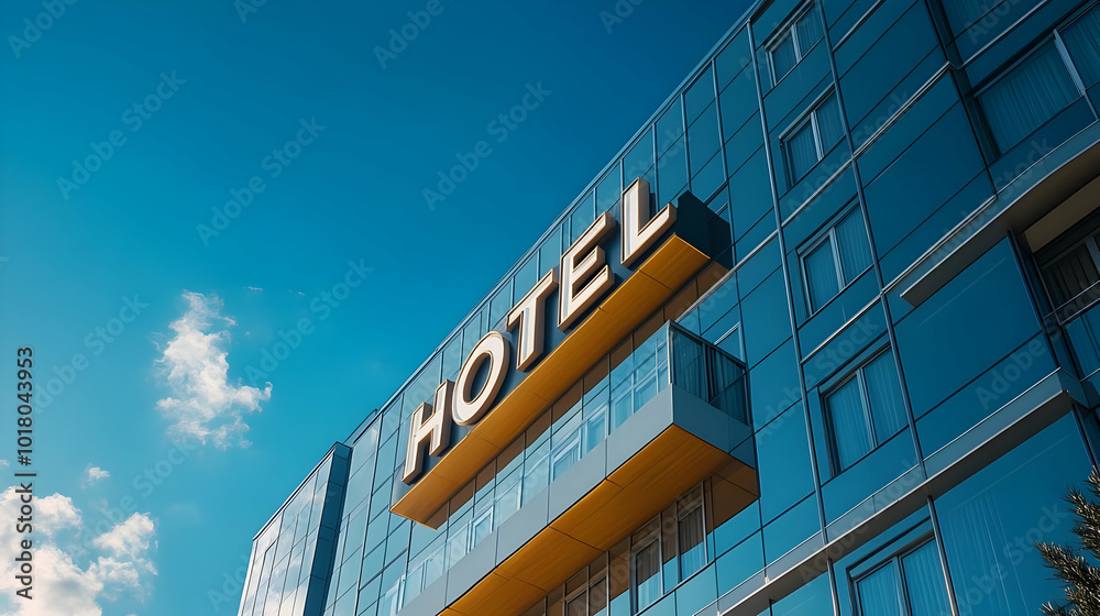 Modern hotel building with a prominent sign against a blue sky. Modern hotel building with a prominent sign against a blue sky.