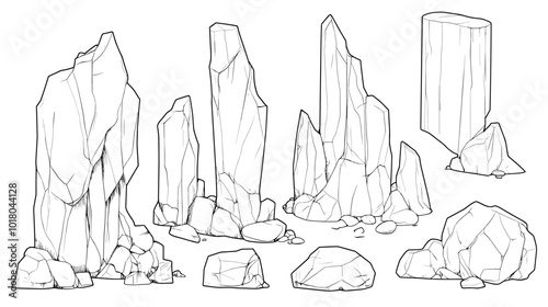 Hand drawn rocks. Gravel stones and boulders sketch. Architectural outline Drawings Pebble piles. Heavy cobblestones and granite rubble. Vector black and white doodle nature elements set