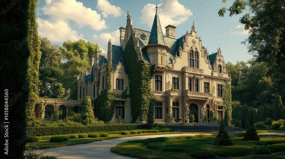 Obraz premium Magnificent European chateau with lush greenery, no people. Plenty of room for copy in the garden.