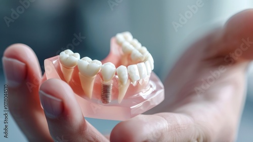 A hand holding implant teeth model. Dental care concept. teeth with implant screw