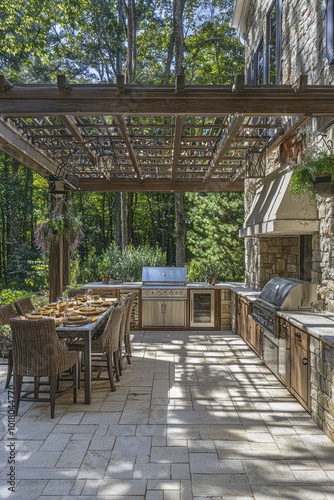 Pergola-covered patio designed for luxurious outdoor cooking and gatherings.