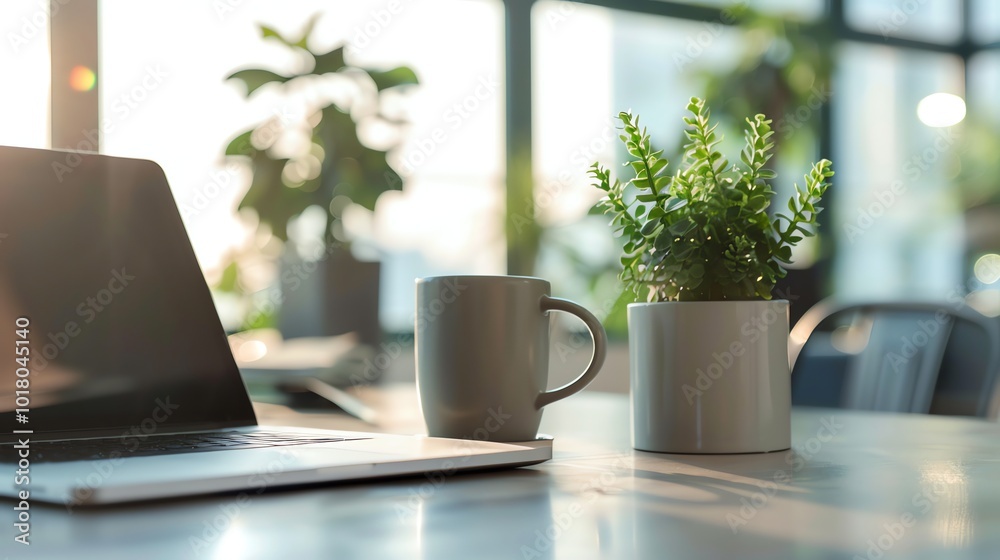 A laptop computer and a mug of coffee sit on a table with a potted plant in the foreground and a window with green plants in the background. A laptop computer and a mug of coffee sit on a table with a potted plant in the foreground and a window with green plants in the background.