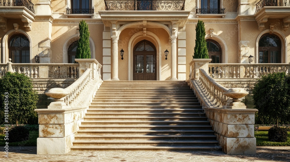 Majestic European palace with grand entrance, no people. Room for copy on the pathway leading up. Majestic European palace with grand entrance, no people. Room for copy on the pathway leading up.