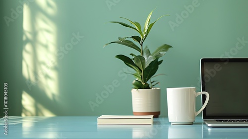 A white coffee mug, a closed laptop computer, and a book on a light blue table with a houseplant in the background.