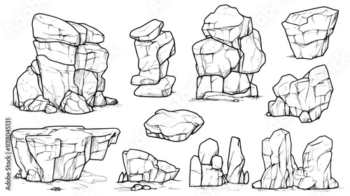 Hand drawn rocks. Gravel stones and boulders sketch. Architectural outline Drawings Pebble piles. Heavy cobblestones and granite rubble. Vector black and white doodle nature elements set