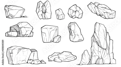 Hand drawn rocks. Gravel stones and boulders sketch. Architectural outline Drawings Pebble piles. Heavy cobblestones and granite rubble. Vector black and white doodle nature elements set