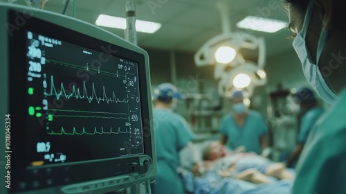 Wallpaper Mural The ECG monitor in a busy ICU displays the heart rate of a critically ill patient while medical staff prepare for a life-saving intervention in the sterile environment Torontodigital.ca