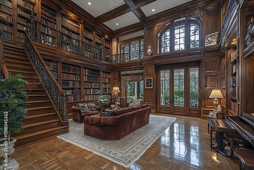 Elegant library with wooden decor and cozy seating.