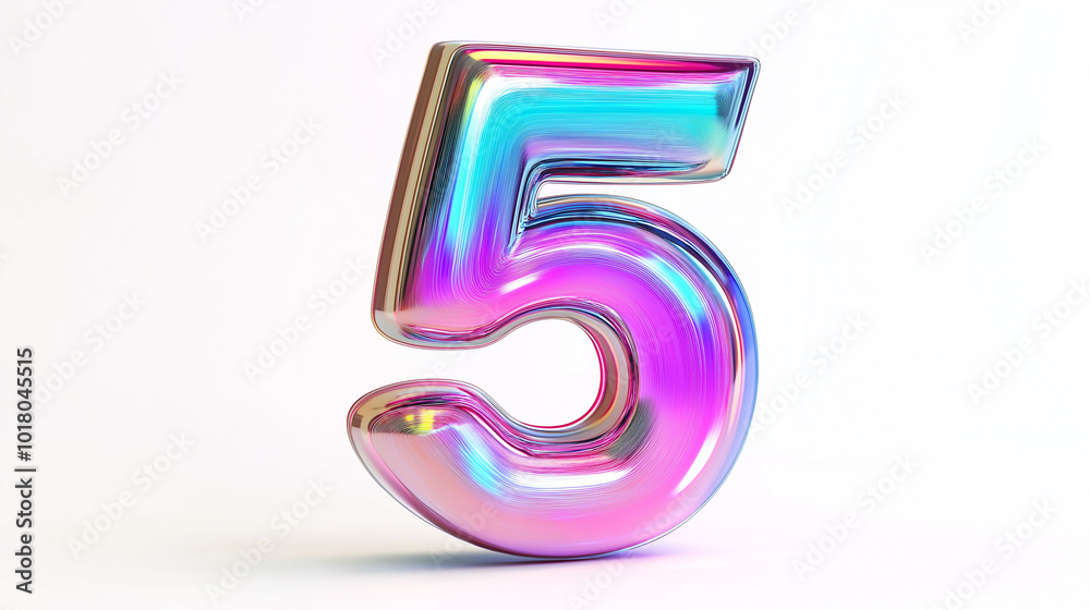 Colorful metallic number five with iridescent finish against a plain background, perfect for modern design projects and decoration Colorful metallic number five with iridescent finish against a plain background, perfect for modern design projects and decoration