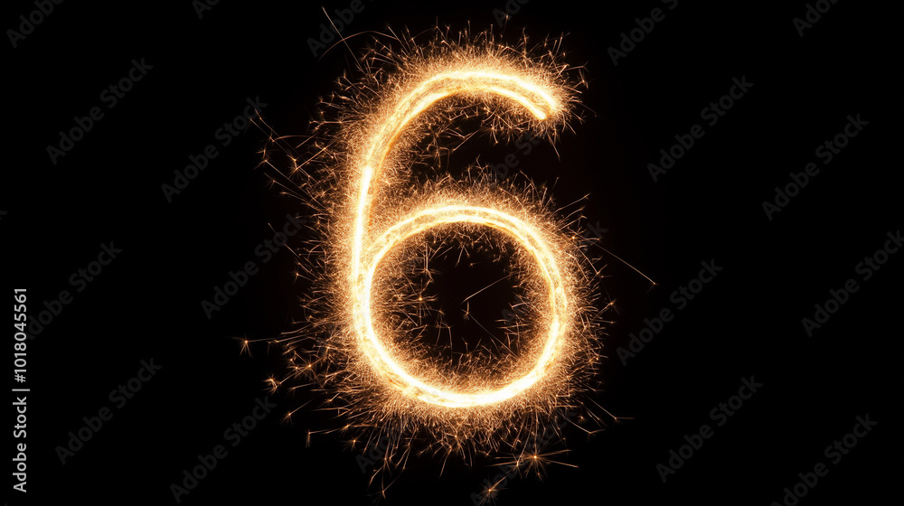 Sparkler forms the number six against a dark background during a festive celebration at night Sparkler forms the number six against a dark background during a festive celebration at night