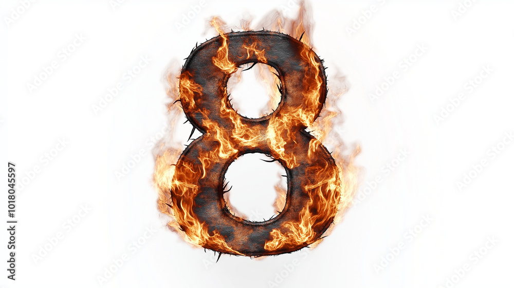 Flaming artistic representation of the number eight with vibrant flames on a white background
