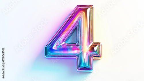 Vibrant 3D number four displayed against a bright background showcasing colorful reflections and glossy finishes