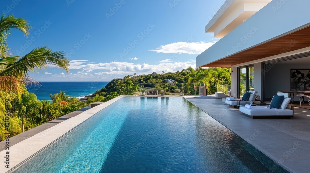 Fototapeta premium Modern beach villa with a sparkling pool and ocean view, no people. Room for copy on the patio.
