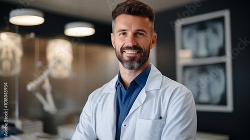 Smiling male doctor in white coat at modern medical office