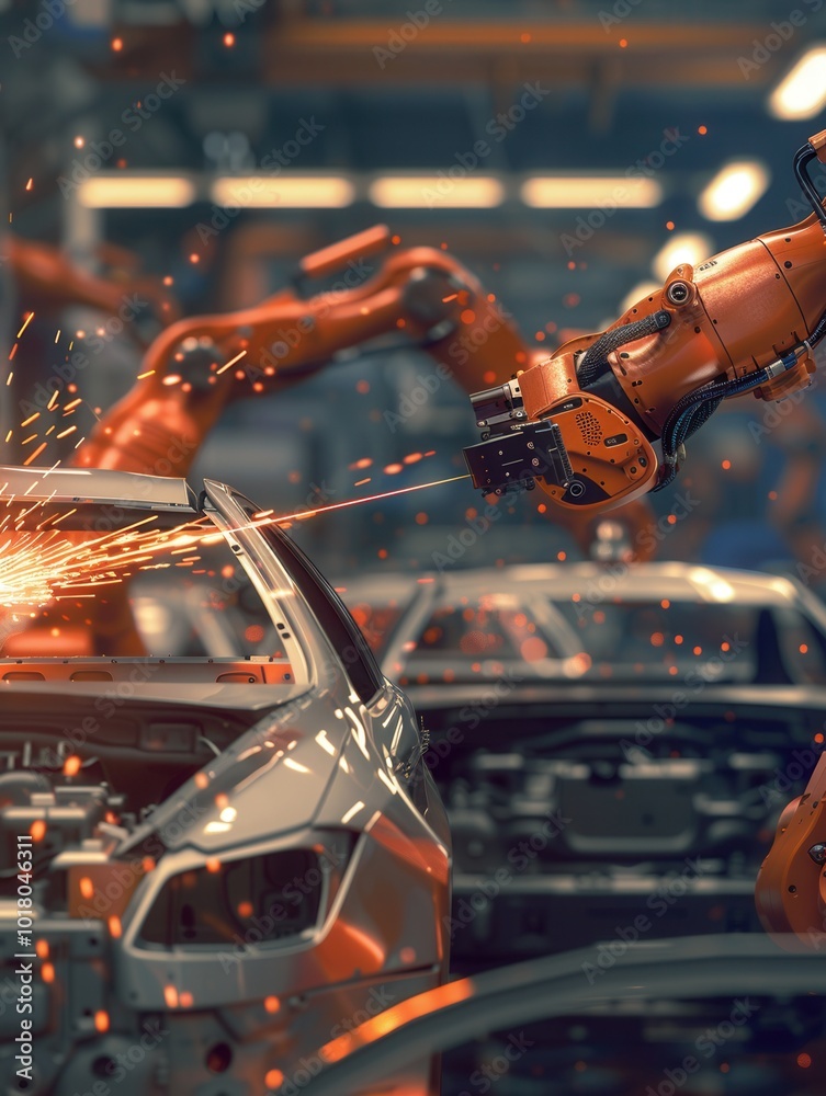 Advanced robotic arms carry out precise tasks on a car assembly line, enhancing productivity and ensuring quality in manufacturing. Generative AI Advanced robotic arms carry out precise tasks on a car assembly line, enhancing productivity and ensuring quality in manufacturing. Generative AI