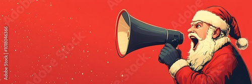 Christmas Vector Banner with Santa Claus Holding a Megaphone on Red Background