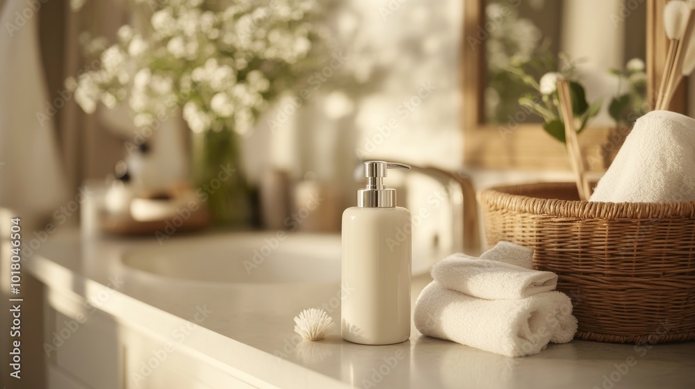 Mockup of shampoo lotion on a bathroom counter Mockup of shampoo lotion on a bathroom counter