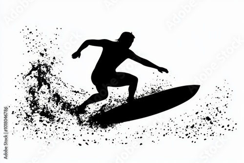 Black silhouette of a surfer riding a wave on a white background.