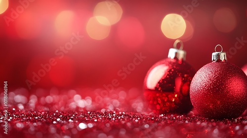 Festive Red Christmas Background with Ornaments and Holiday Decorations.