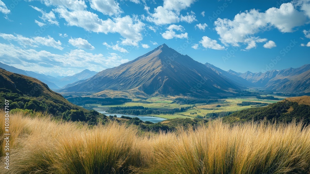 Naklejka premium A picturesque view of a mountain range with a valley and lake in the distance, surrounded by lush green vegetation under a clear blue sky with fluffy white clouds.