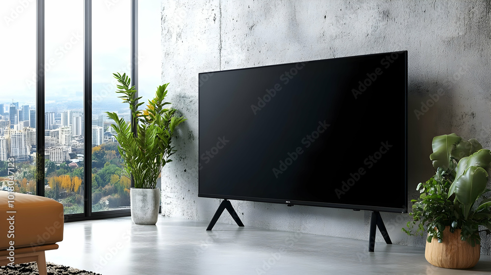Modern living room with a TV and plants, featuring large windows.