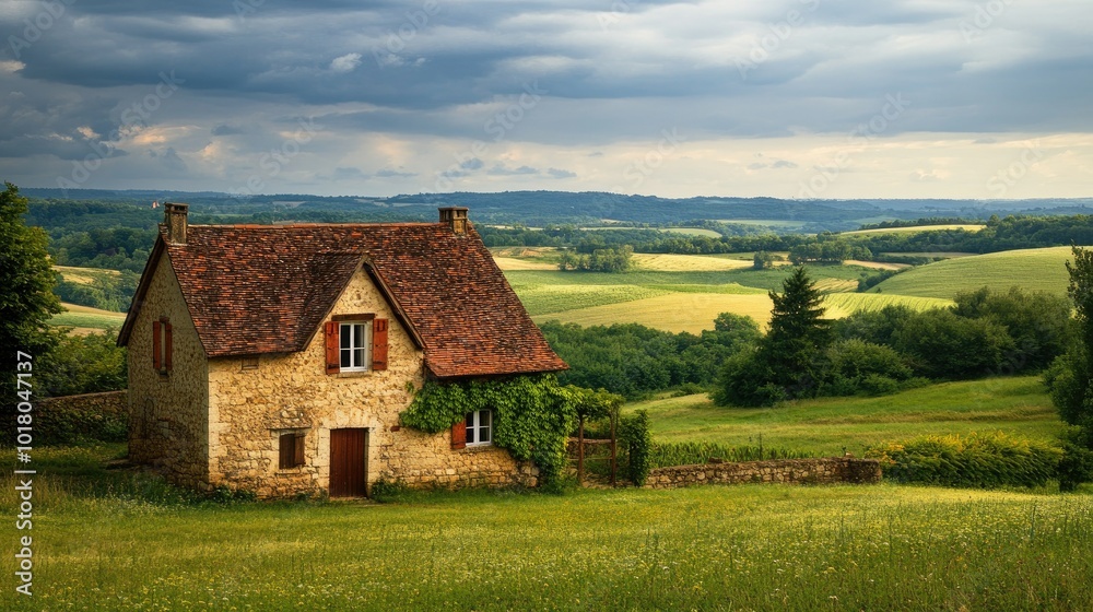 Picturesque European farmhouse surrounded by fields, no people. Open copy space available. Picturesque European farmhouse surrounded by fields, no people. Open copy space available.
