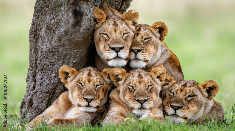 A group of lions resting together under a tree in a serene natural setting. A group of lions resting together under a tree in a serene natural setting.