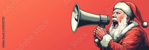 Christmas Vector Banner with Santa Claus Holding a Megaphone on Red Background