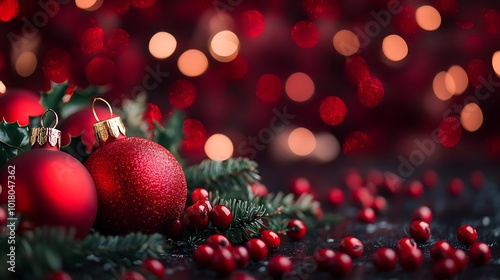 Festive Red Christmas Background with Ornaments and Holiday Decorations.
