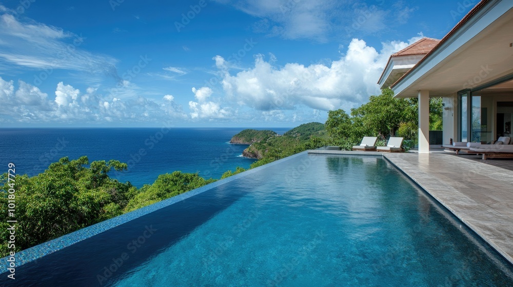 Fototapeta premium Seaside villa with an infinity pool overlooking the ocean, no people. Ample room for text in the surroundings.
