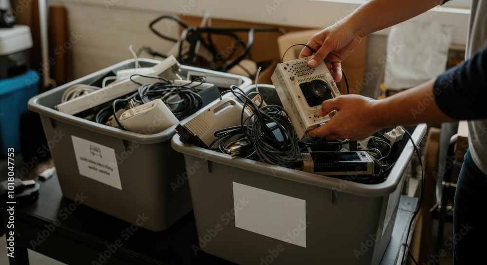 Person organizing electronic gadgets and cables in storage bins Person organizing electronic gadgets and cables in storage bins