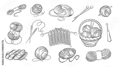 Knitting line icons set. Hand drawn retro hook and needles knit scarf with woolen thread loops, basket of yarn balls, skeins. Needlework mascots, outline knitting icons collection vector illustration