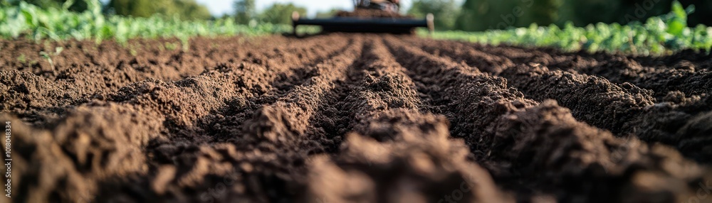 Close-up of freshly plowed soil with distinct rows, showcasing the rich texture and readiness for planting crops. Close-up of freshly plowed soil with distinct rows, showcasing the rich texture and readiness for planting crops.