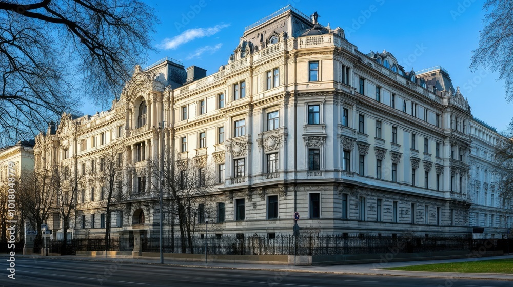 Naklejka premium Stunning European embassy building with intricate windows, no people. Ample room for text in the foreground.