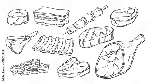 Pork and beef meat icons set. Hand drawn retro raw and BBQ steak, shish kebab on skewer and ribs, beefsteak and leg with bone. Butchers food product mascots, doodle meat icons vector illustration
