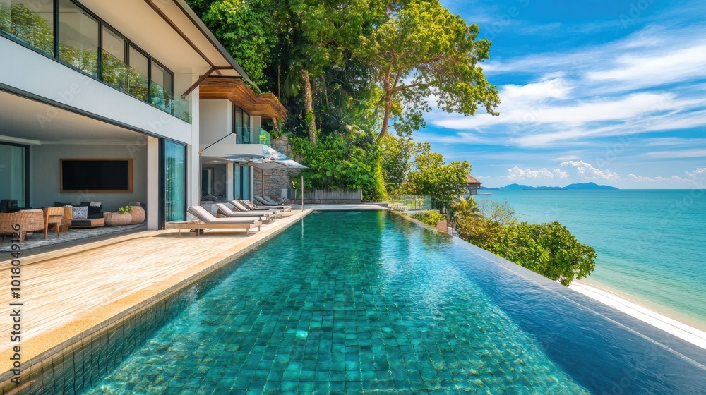 Fototapeta premium Stunning luxury villa by the beach, with a crystal-clear swimming pool, no people. Copy space available on the deck.