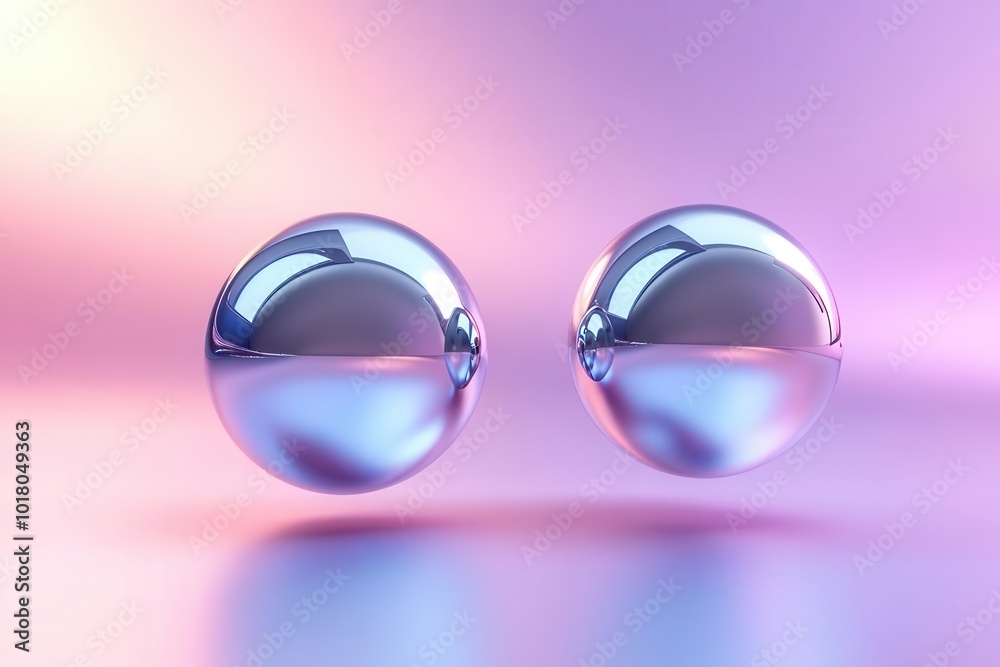 Close-up of two shiny metallic spheres reflecting soft pink and purple light, creating a serene and modern atmosphere. Close-up of two shiny metallic spheres reflecting soft pink and purple light, creating a serene and modern atmosphere.
