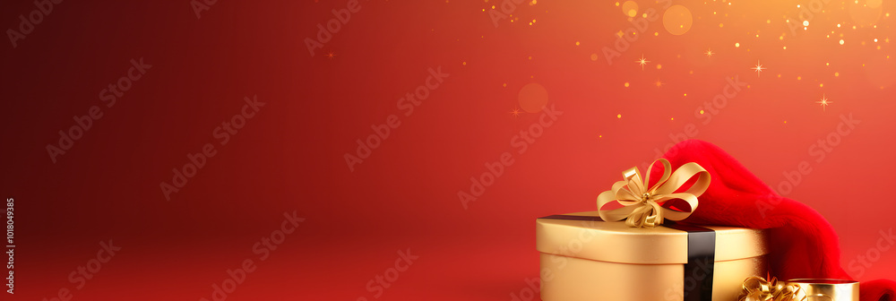 Red background with golden gift and red bow, shopping. Concept of buying gifts for holidays and sales. Sale, discounts, Black Friday. Copy space red background long banner Red background with golden gift and red bow, shopping. Concept of buying gifts for holidays and sales. Sale, discounts, Black Friday. Copy space red background long banner