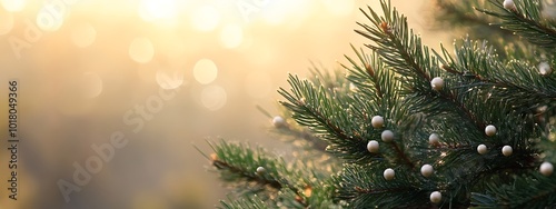 Decorated Evergreen Tree Close-up with Ornaments Against Blurred Dusk Background