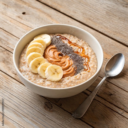 Closeup of a creamy oatmeal bowl topped with fresh banana slices, peanut butter, chia seeds, and honey drizzle on a rustic wooden table, little spoon