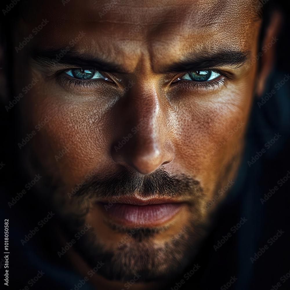 Close-up portrait of a man with intense gaze, showcasing strong features and captivating eyes. Perfect for beauty and fashion themes. Close-up portrait of a man with intense gaze, showcasing strong features and captivating eyes. Perfect for beauty and fashion themes.