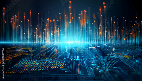 Futuristic digital landscape with vibrant colors and intricate patterns, symbolizing innovation and advancement