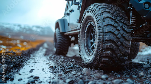 Off-road vehicle navigating a rugged, muddy terrain.