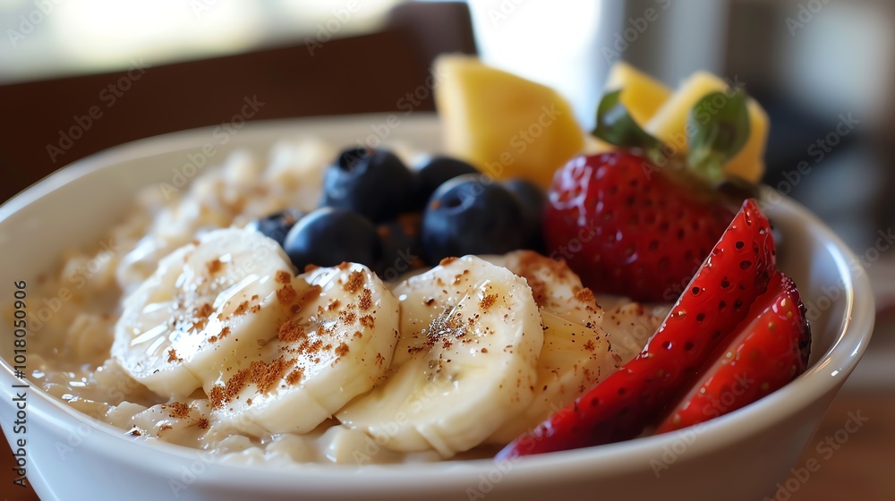 A bowl of oatmeal topped with bananas, blueberries, strawberries, and cinnamon. A bowl of oatmeal topped with bananas, blueberries, strawberries, and cinnamon.