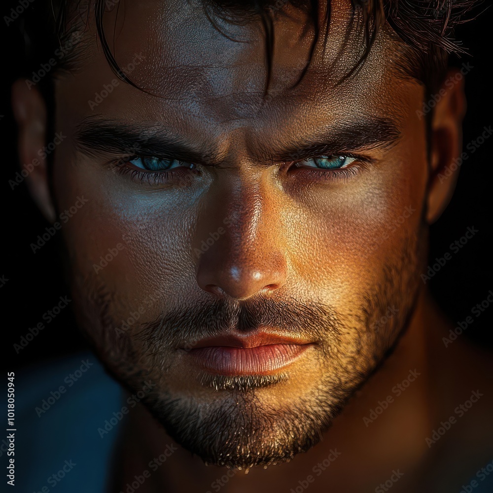 Close-up portrait showcasing a confident man with striking features and intense blue eyes, illuminated by soft lighting. Close-up portrait showcasing a confident man with striking features and intense blue eyes, illuminated by soft lighting.