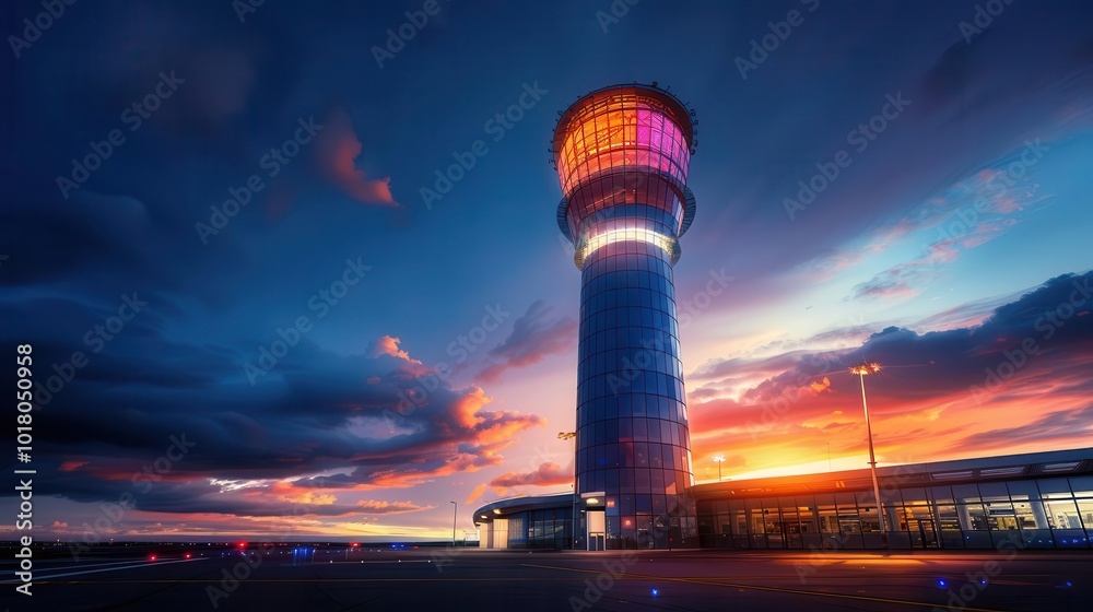Obraz premium A busy airport control tower, vibrant colors, photography, dynamic, detailed